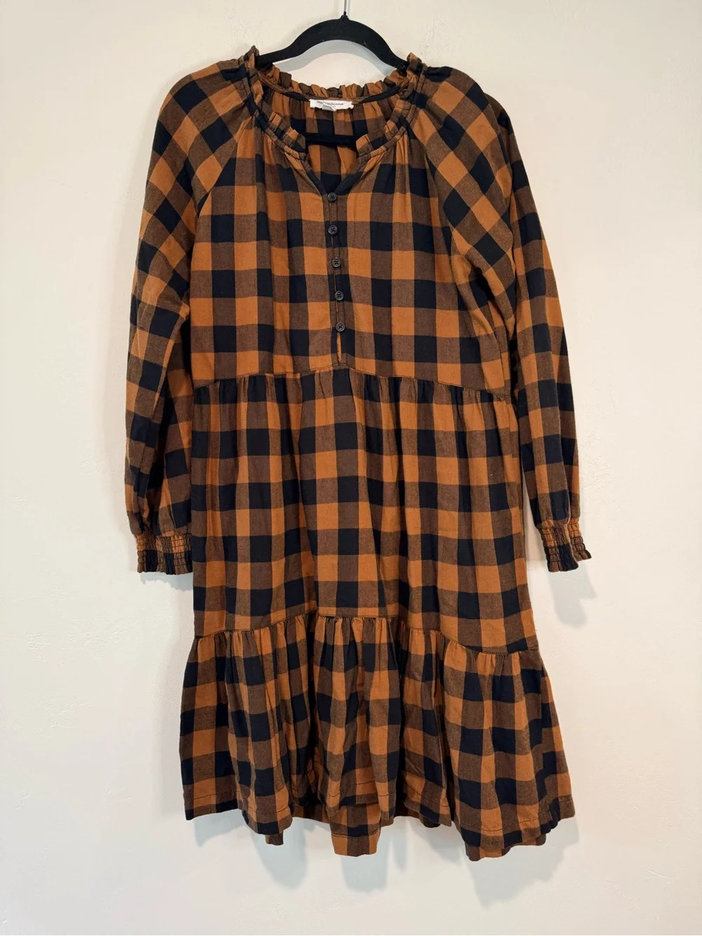 BeachLunchLounge Buffalo Plaid Tiered Dress XS Cottagecore Boho Fall Dress - Picture 2 of 7